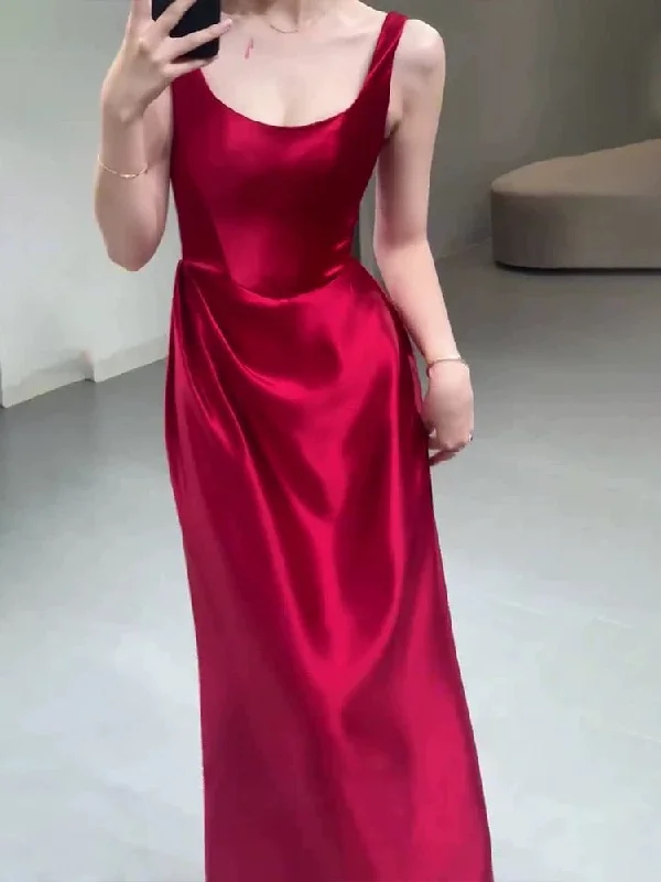 Affordable Women's Clothes Mid - Season Sale Pretty A line Straps Red Satin Long Floor Length Prom Dresses C3604