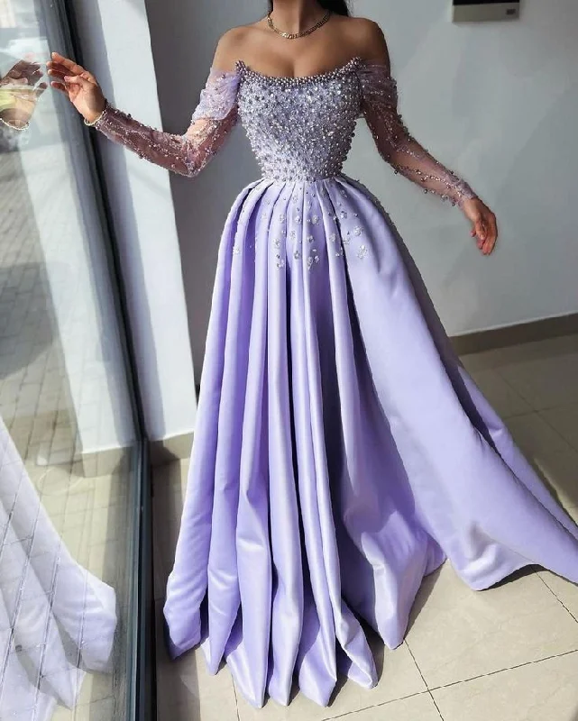 Women's Clothing Apparel Sets Lightweight Fabric Pretty A Line Off The Shoulder Lilac Satin Evening Dress Prom Dresses With Beads C3680