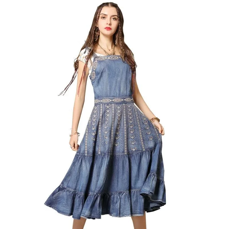 Women's Casual Wear Clothing Contemporary Elegance Sleeveless Vintage Embroidery Ruffles Hem Denim Dress