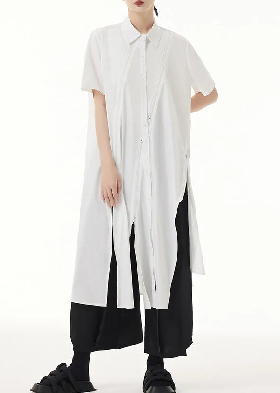 Women's Comfortable Garments Effortless Sophistication Chic White Peter Pan Collar Asymmetrical Patchwork Cotton Shirt Dress Summer