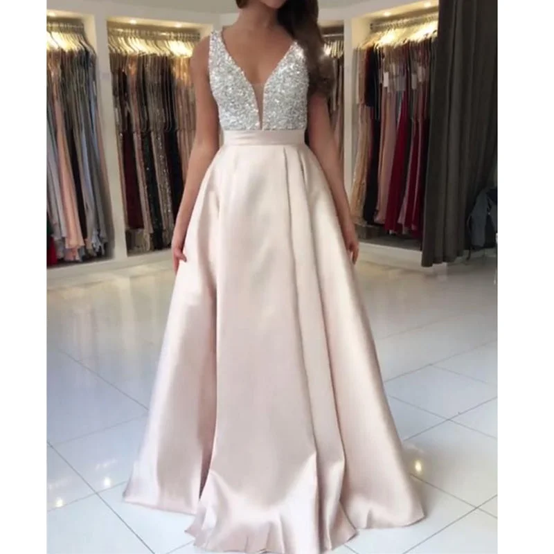 Women's Formal Event Attire Alluring Design Elegant Graduation Prom Dress A Line Satin Beaded Pearl Pale Pink Girls Formal Evening Gown