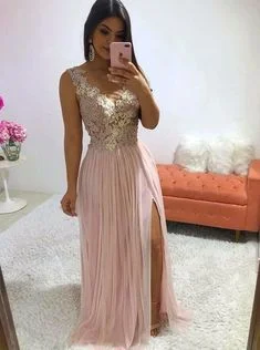 Women's Athletic Apparel Urban Sophistication Elegant Illusion Neck Pink Split Sleeveless Prom Party Dress with Appliques Pearls   cg7639