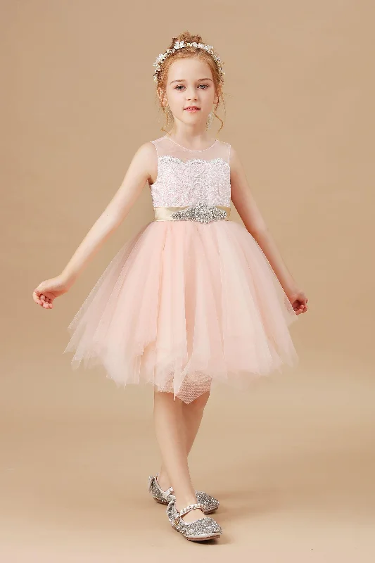 Women's Vintage-Inspired Clothing Classic Appeal Applique Chic Tulle Satin Flower Girl Dress With Rhinestone Belt