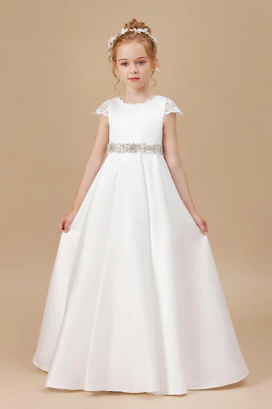 Women's Clothing For Holiday Travel Final Clearance A-line Ivory Floor Length Bowknot Satin Flower Girl Dress With Rhinestones