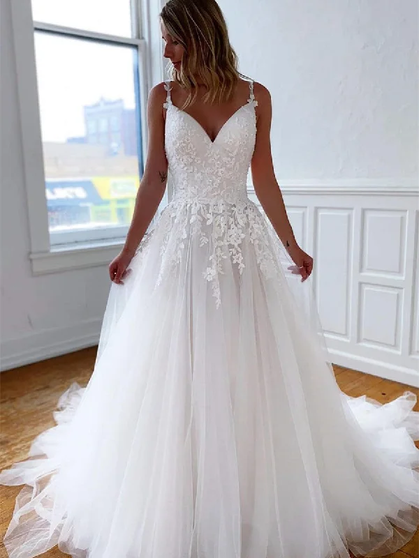 Affordable Women's Clothes End - of - Month Blowout Spaghetti Lace Tulle A-line Wedding Dresses, Ivory Popular Bridal Gown, Wedding Dresses