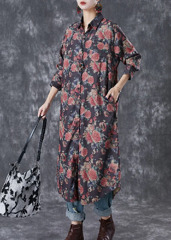 Stylish Women's Garments For Holidays Coastal Beach - Inspired Style French Black Oversized Rose Print Cotton Shirt Dresses Fall