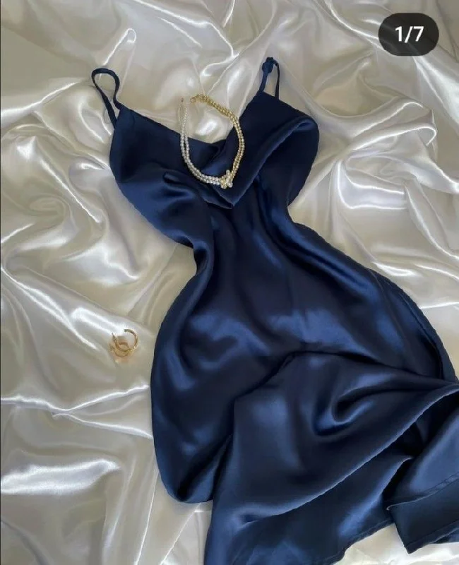 Women's Everyday Garments Modern Romance Modest A Line Spaghetti Straps Silk Satin Long Navy Blue Prom Dress Evening Dresses C2052